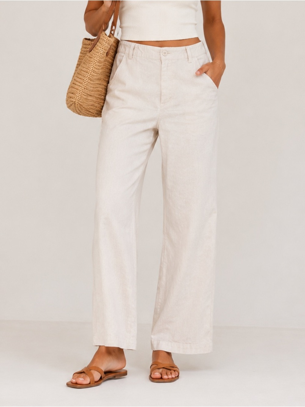 YFB L Wide Leg Beige Elastic Waist Jeans Minimalist Neutral Scandi Preppy Casual